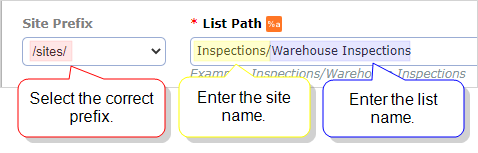 SharePoint List path configuration for an existing list with site prefex = "sites" and list path = "Inspections/Warehouse Inspections".